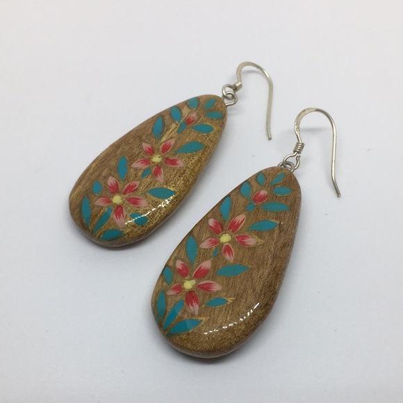 Hand Crafted Jewelry - Hand Painted Walnut Wood Sterling Silver Teardrop Earrings Turquoise Pink Floral